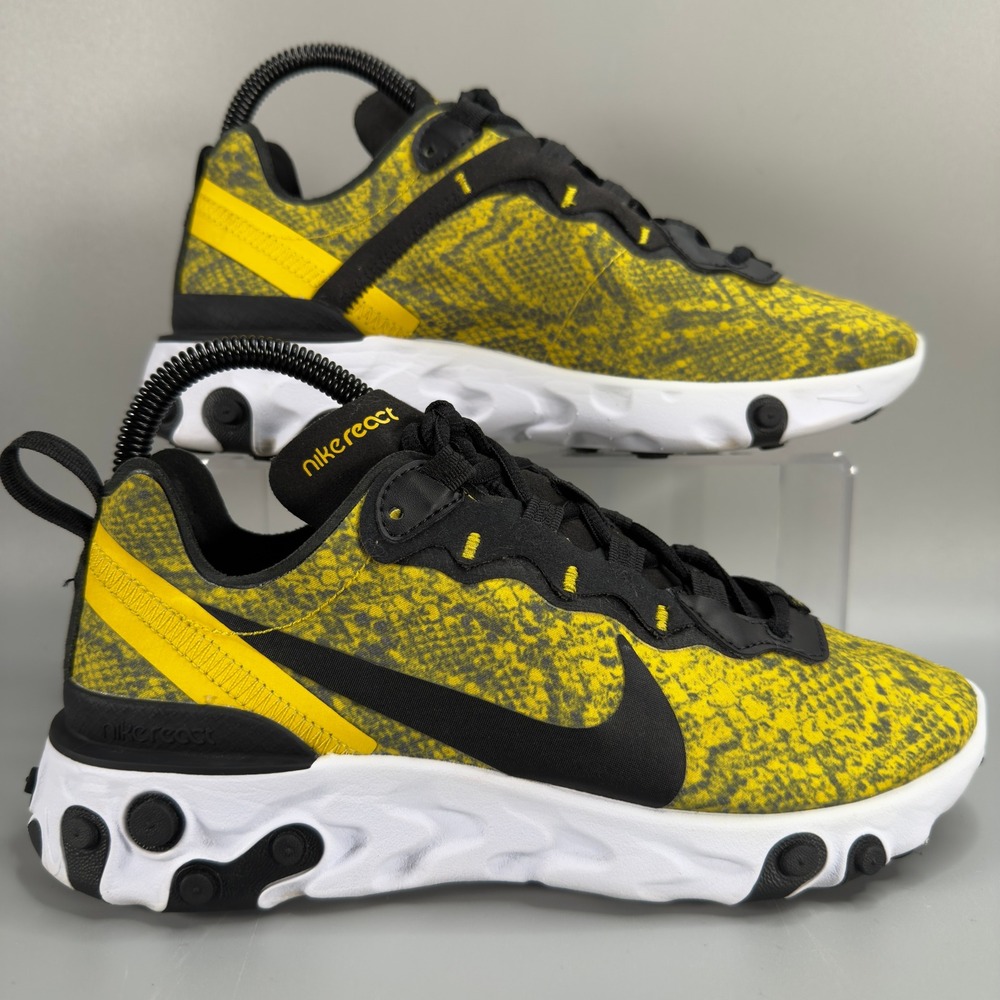 Nike React Element 55 Womens 7 Running Shoe Yellow Black White Snakeskin Sneaker